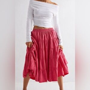 NWT | Free People Boho Festival Pink Tiered Midi Skirt | Dragonfruit Sorbet | XS